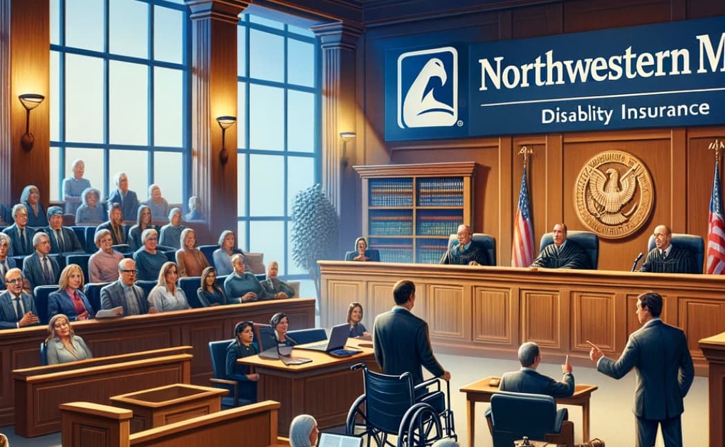 A courtroom with a judge, lawyers, and individuals, featuring the Northwestern Mutual logo