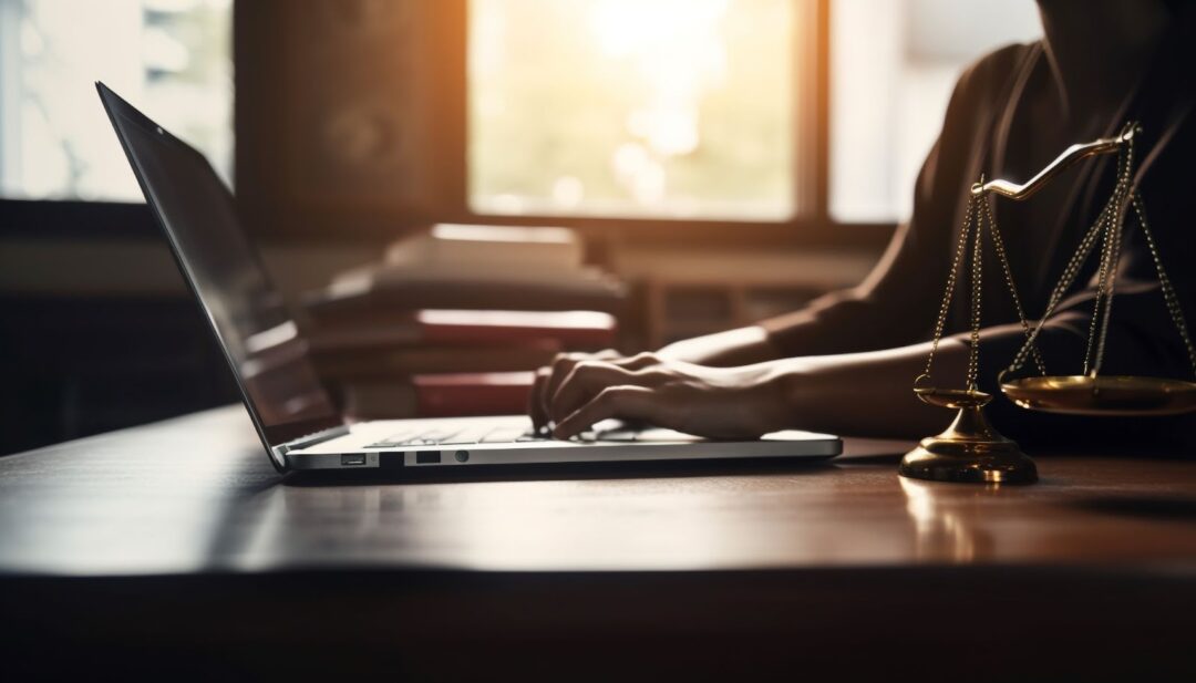 Woman typing on laptop in lawyer office