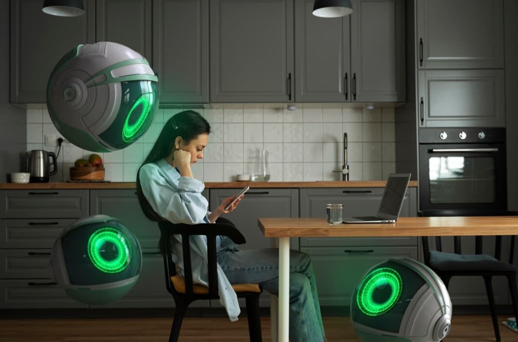 A woman at a kitchen table with her phone, with two glowing spherical devices nearby