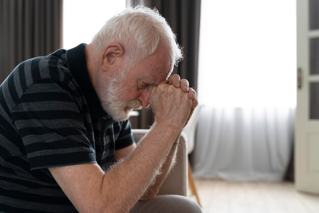 Old man sitting on the sofa with his hands clasped together