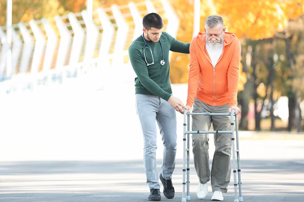A doctor helps an old man on a walk
